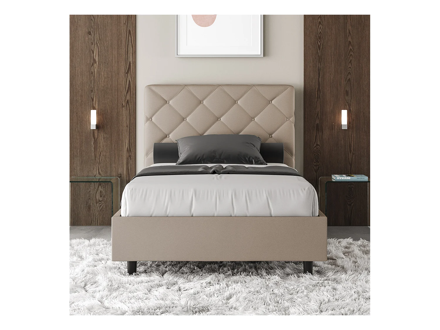 Lit 1 place et demi coffre rembourré 120x190 similicuir taupe Priya