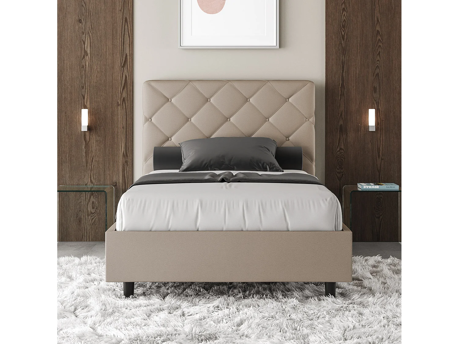 Lit 1 place et demi coffre rembourré 120x190 similicuir taupe Priya