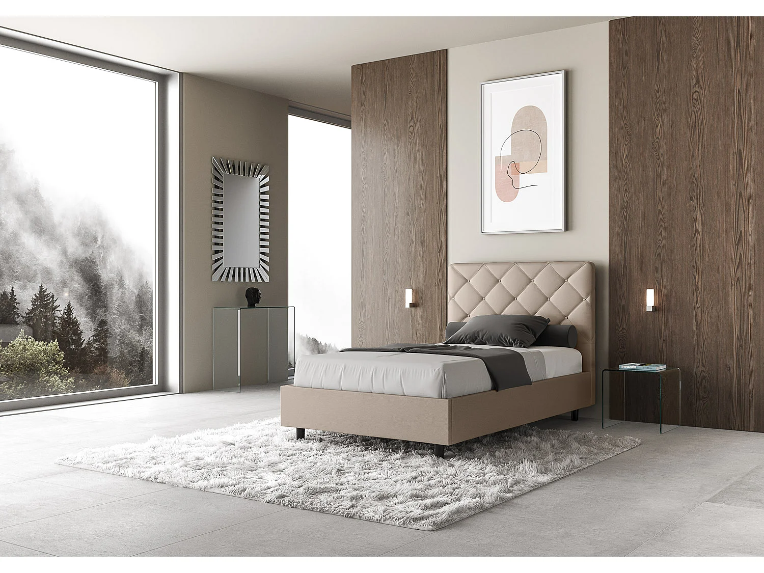 Lit 1 place et demi coffre rembourré 120x190 similicuir taupe Priya