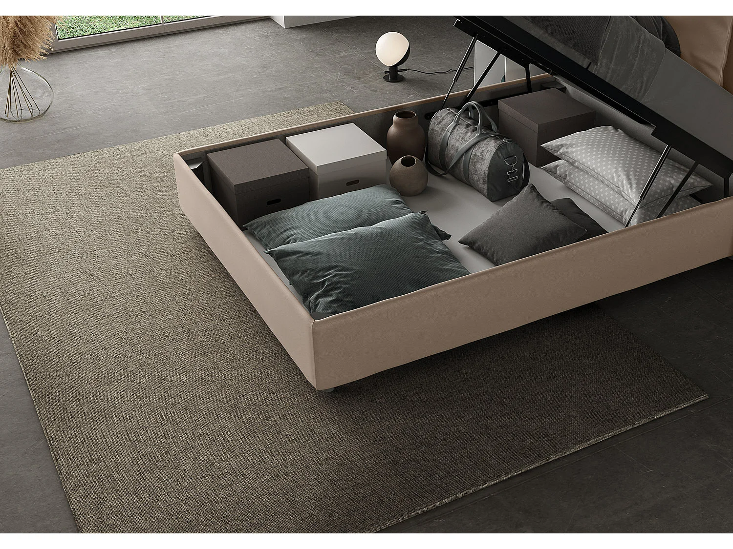 Lit 1 place et demi coffre rembourré 120x190 similicuir taupe Priya