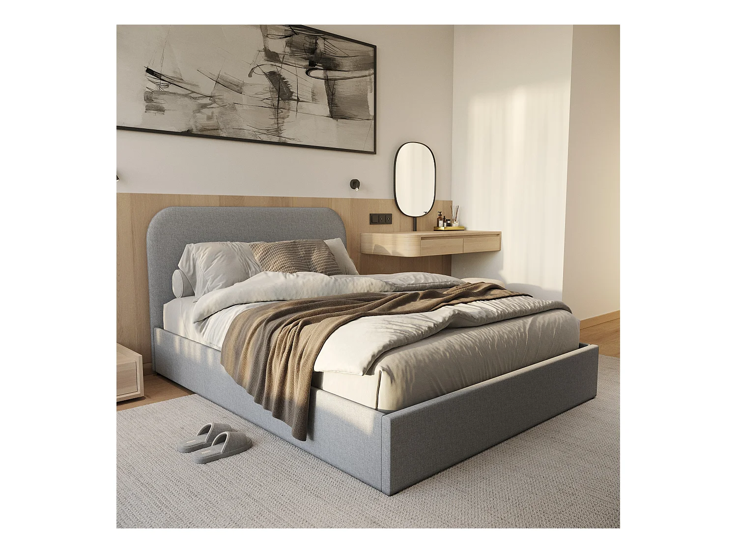 Cama de matrimonio 140x190 cm con cajón de tela gris - Tilly