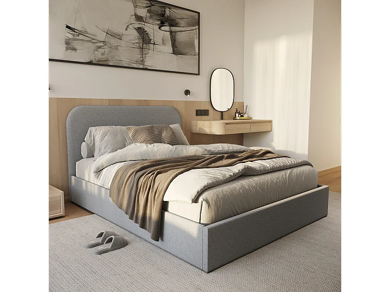 Cama de matrimonio 140x190 cm con cajón de tela gris - Tilly