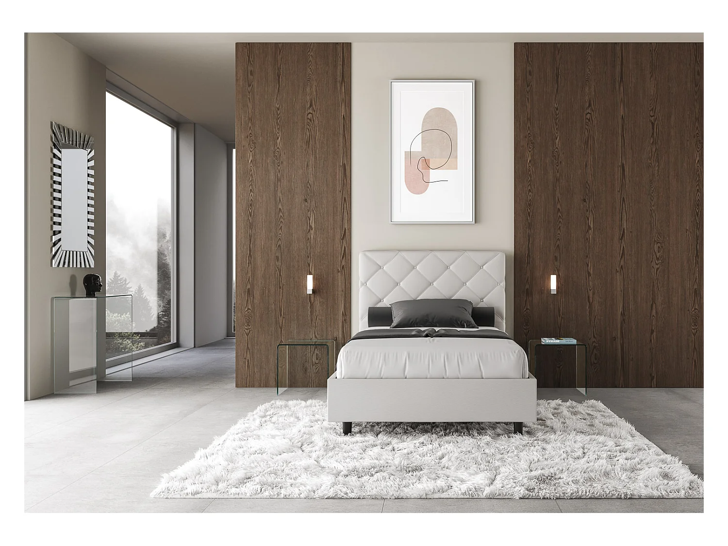 Cama de casal com arrumação estofada 140x190 pele sintética branco Priya