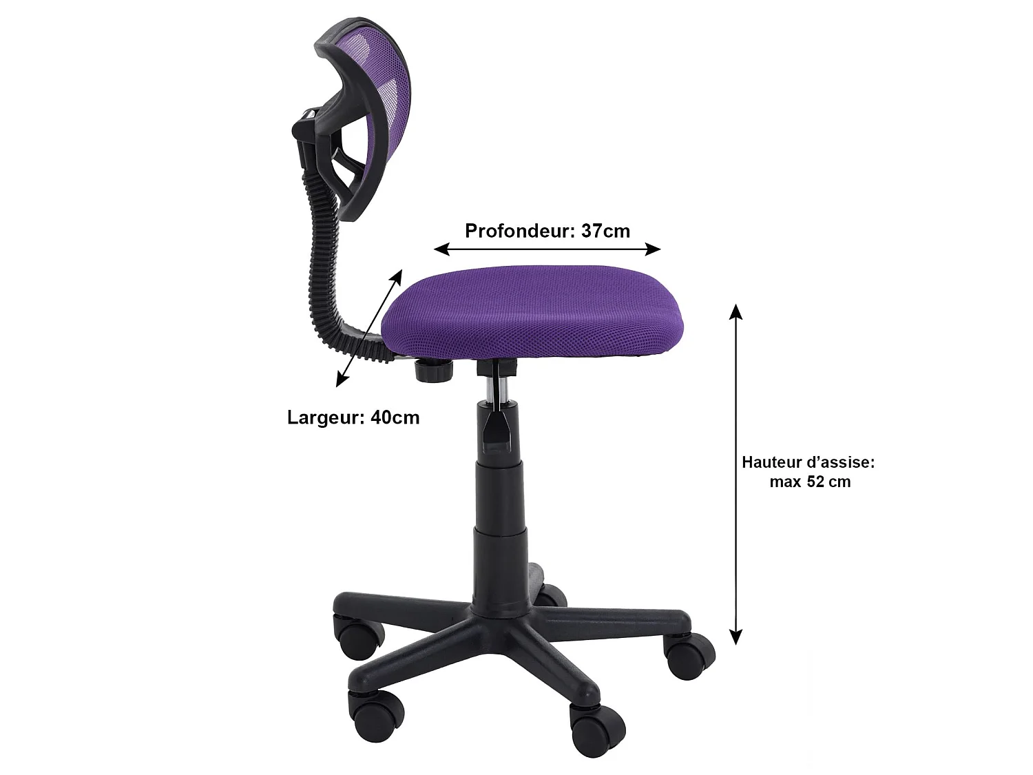 Chaise de bureau pour enfant MILAN fauteuil pivotant et ergonomique, siège à roulettes avec hauteur réglable, mesh violet