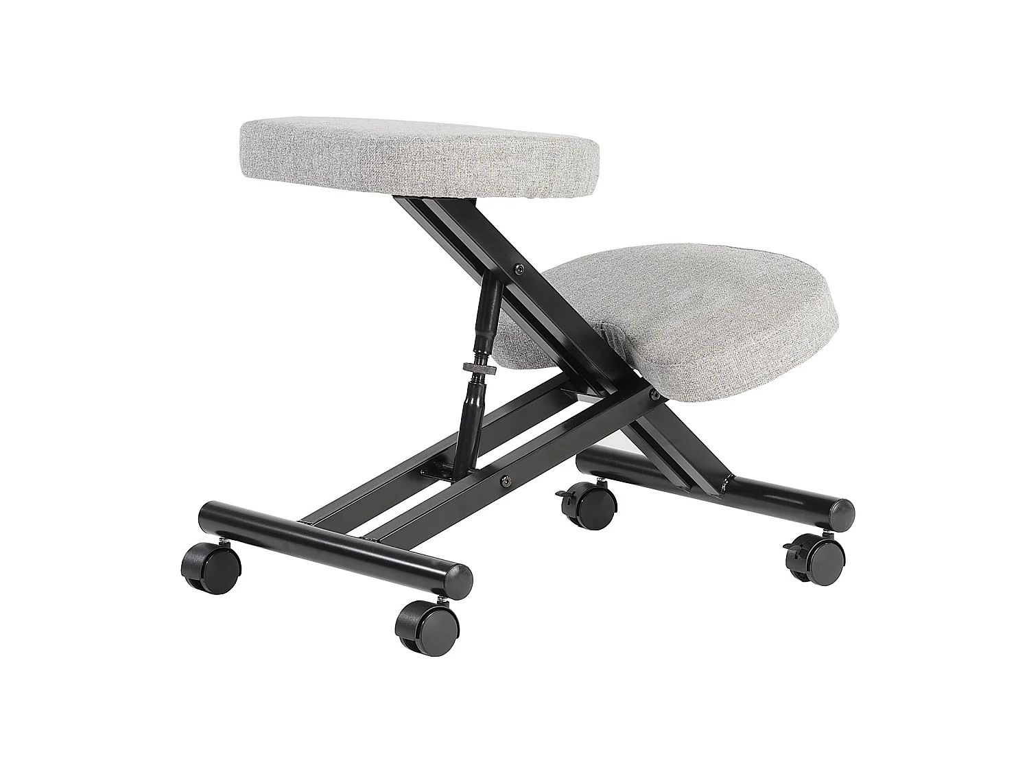 Tabouret ergonomique ROBERT siège ajustable repose genoux chaise de bureau sans dossier, en métal noir et assise rembourrée gris