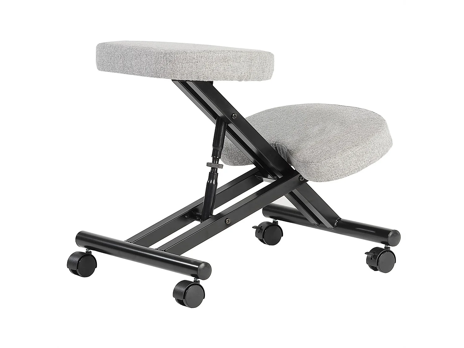 Tabouret ergonomique ROBERT siège ajustable repose genoux chaise de bureau sans dossier, en métal noir et assise rembourrée gris