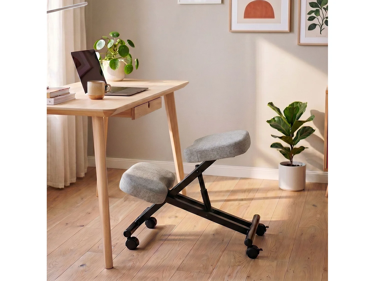 Tabouret ergonomique ROBERT siège ajustable repose genoux chaise de bureau sans dossier, en métal noir et assise rembourrée gris