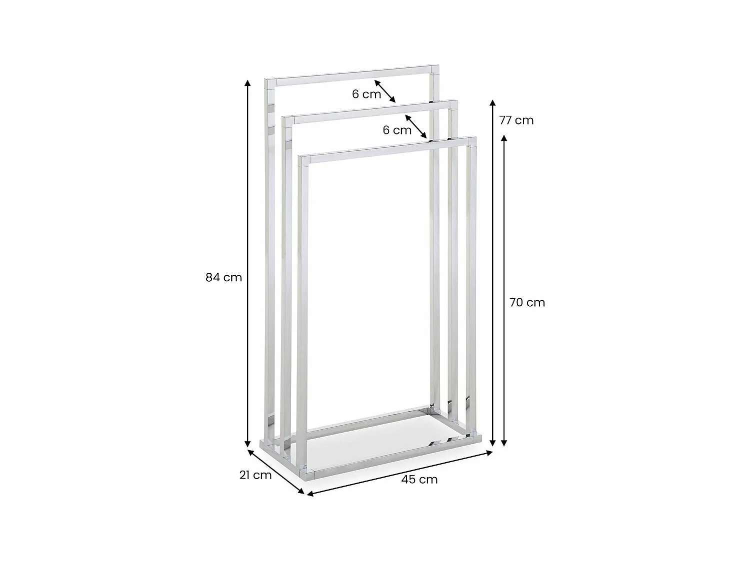 Porte-serviettes sur pied KUNO portant de salle de bain avec 3 niveaux d'étendage, structure en métal chromé
