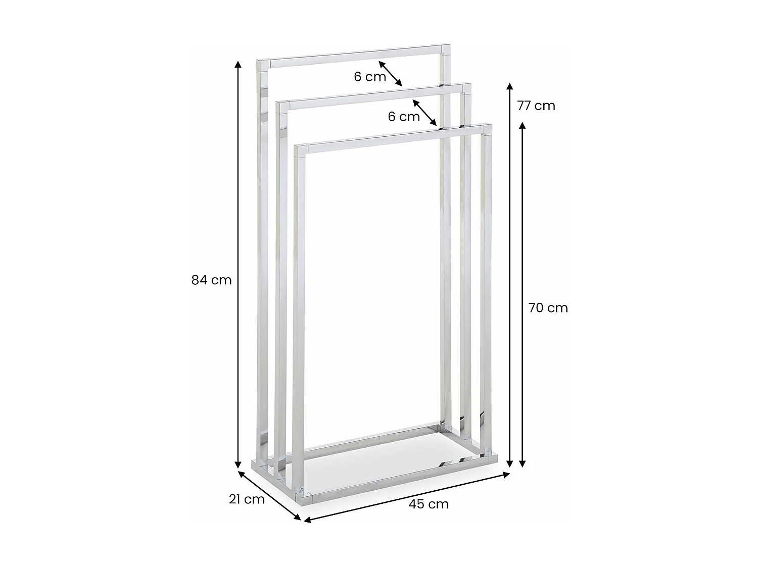 Porte-serviettes sur pied KUNO portant de salle de bain avec 3 niveaux d'étendage, structure en métal chromé