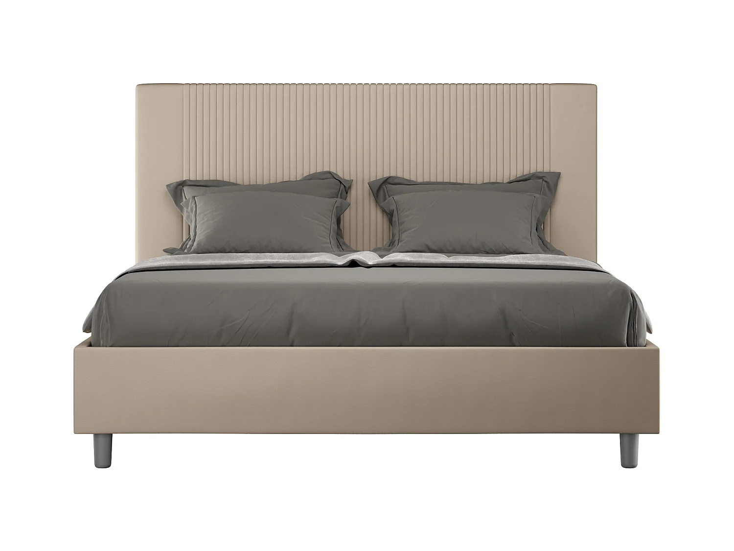 Modern bed met verticaal gestreept hoofdeinde, doorgestikt met kunstleer Bazen-Kleur Beige-Slapen 160x200cm-Keuze Zonder boxspring