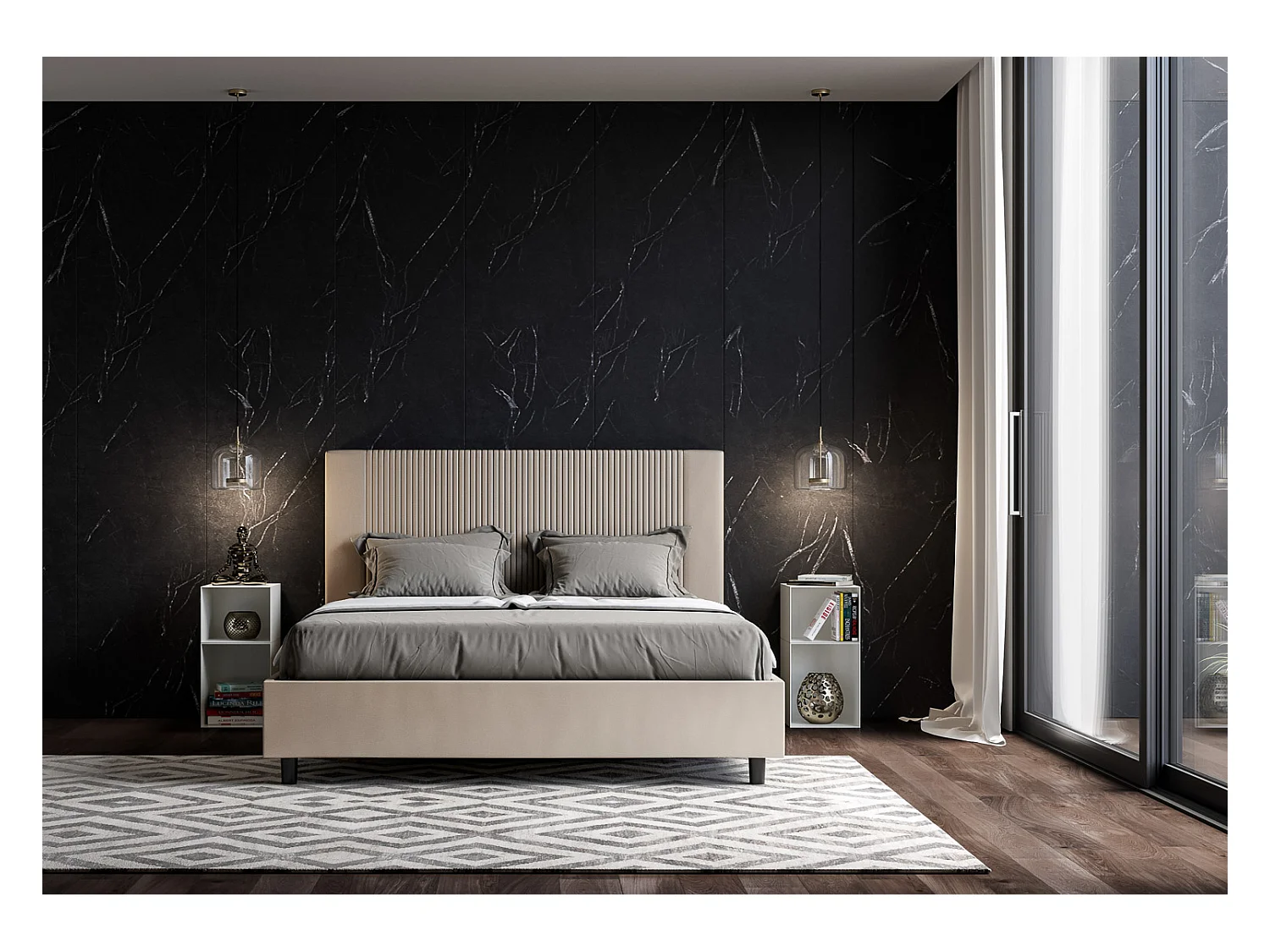 Modern bed met verticaal gestreept hoofdeinde, doorgestikt met kunstleer Bazen-Kleur Beige-Slapen 160x200cm-Keuze Zonder boxspring