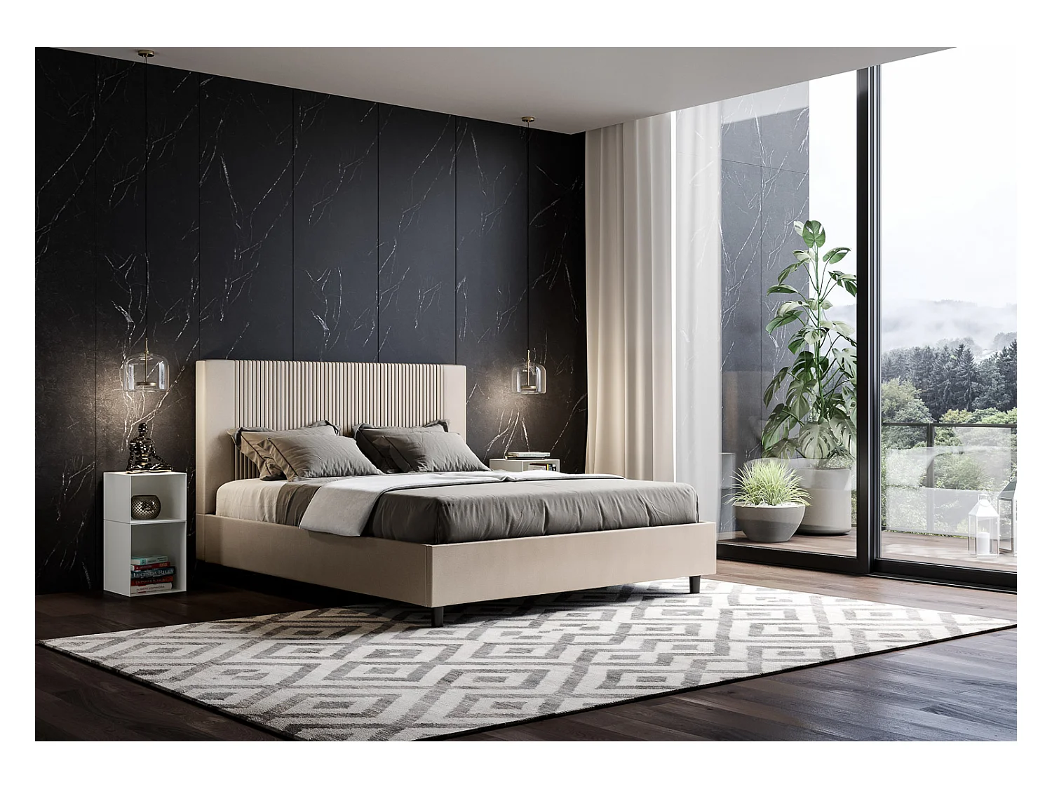 Modern bed met verticaal gestreept hoofdeinde, doorgestikt met kunstleer Bazen-Kleur Beige-Slapen 160x200cm-Keuze Zonder boxspring