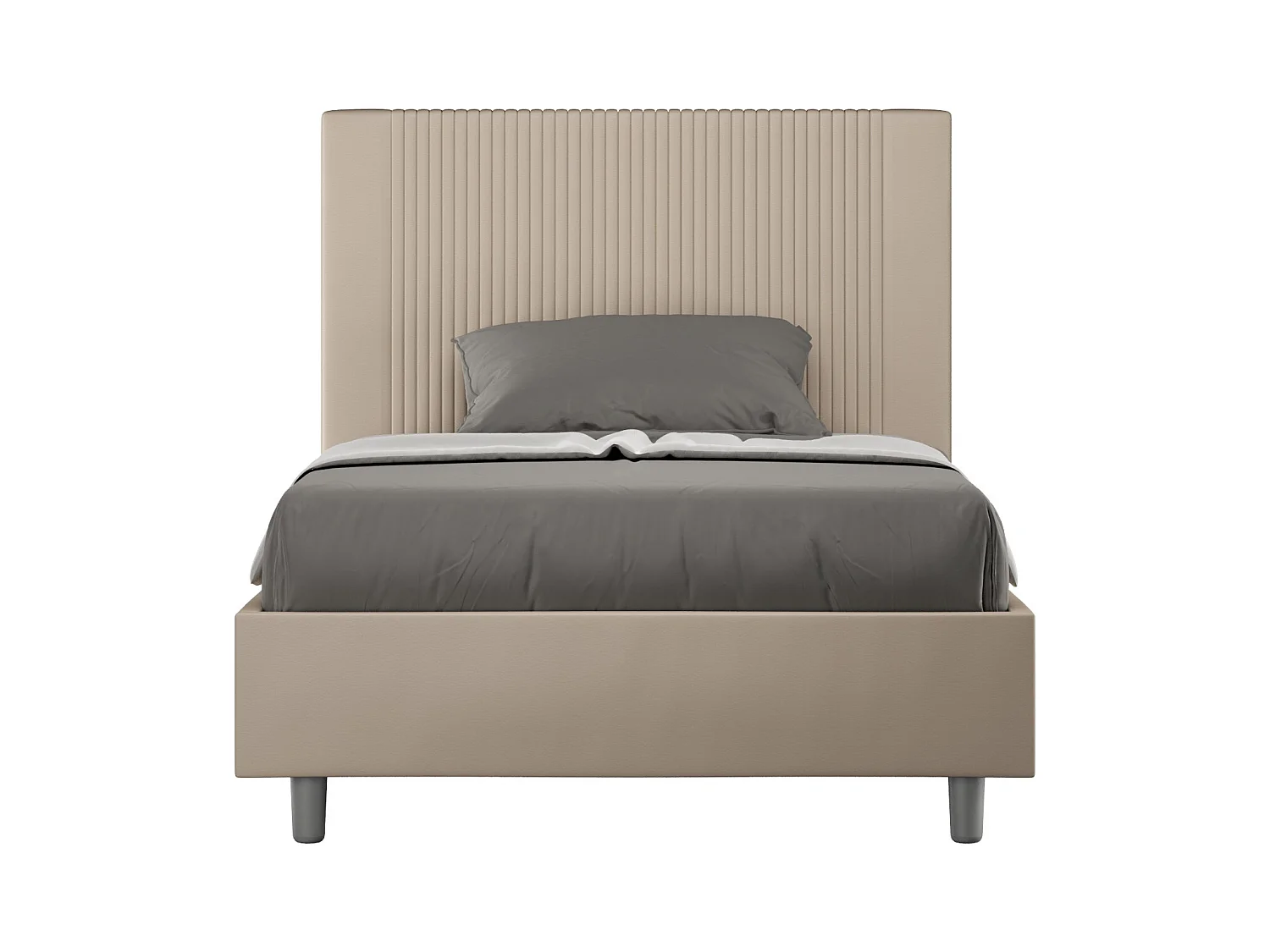 Modern bed met verticaal gestreept hoofdeinde, doorgestikt met kunstleer Bazen-Kleur Beige-Slapen 140x190cm-Keuze Zonder boxspring