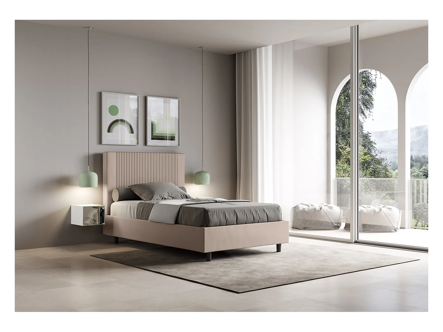 Modern bed met verticaal gestreept hoofdeinde, doorgestikt met kunstleer Bazen-Kleur Beige-Slapen 140x190cm-Keuze Zonder boxspring