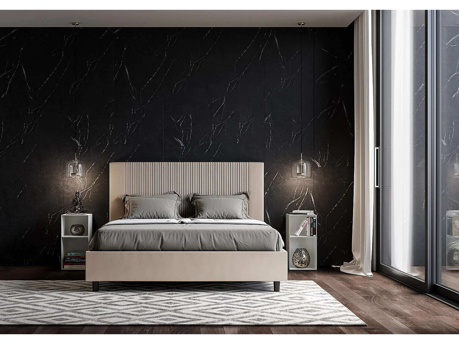 Lit coffre rembourré 160x200 similicuir taupe Goya