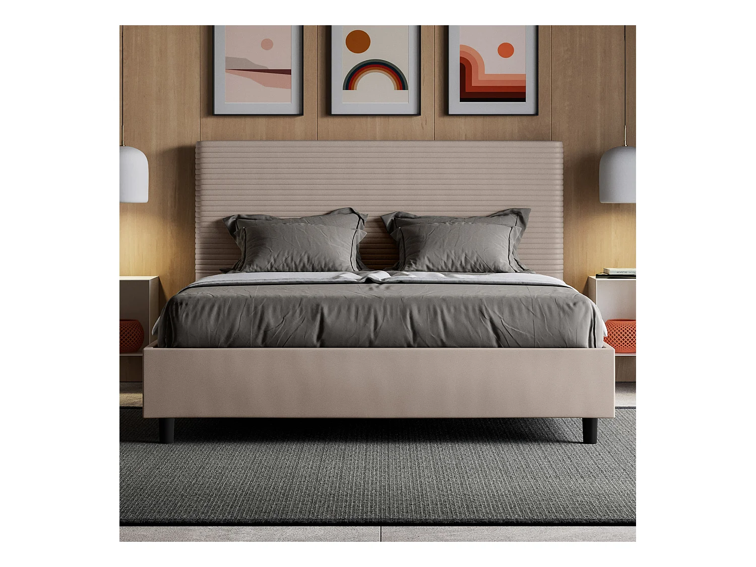 Letto contenitore imbottito 160x200 similpelle tortora Focus