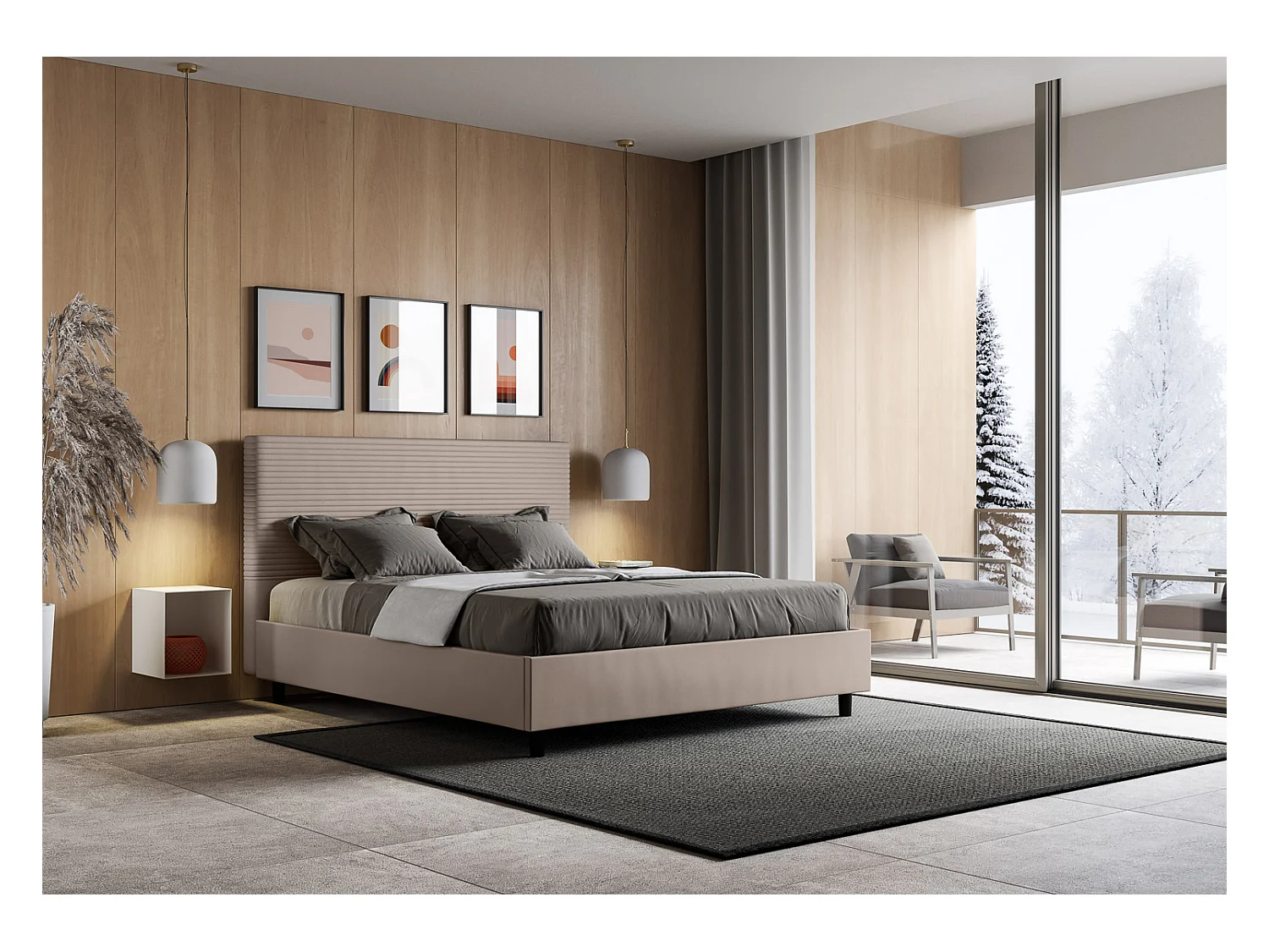 Letto contenitore imbottito 160x200 similpelle tortora Focus