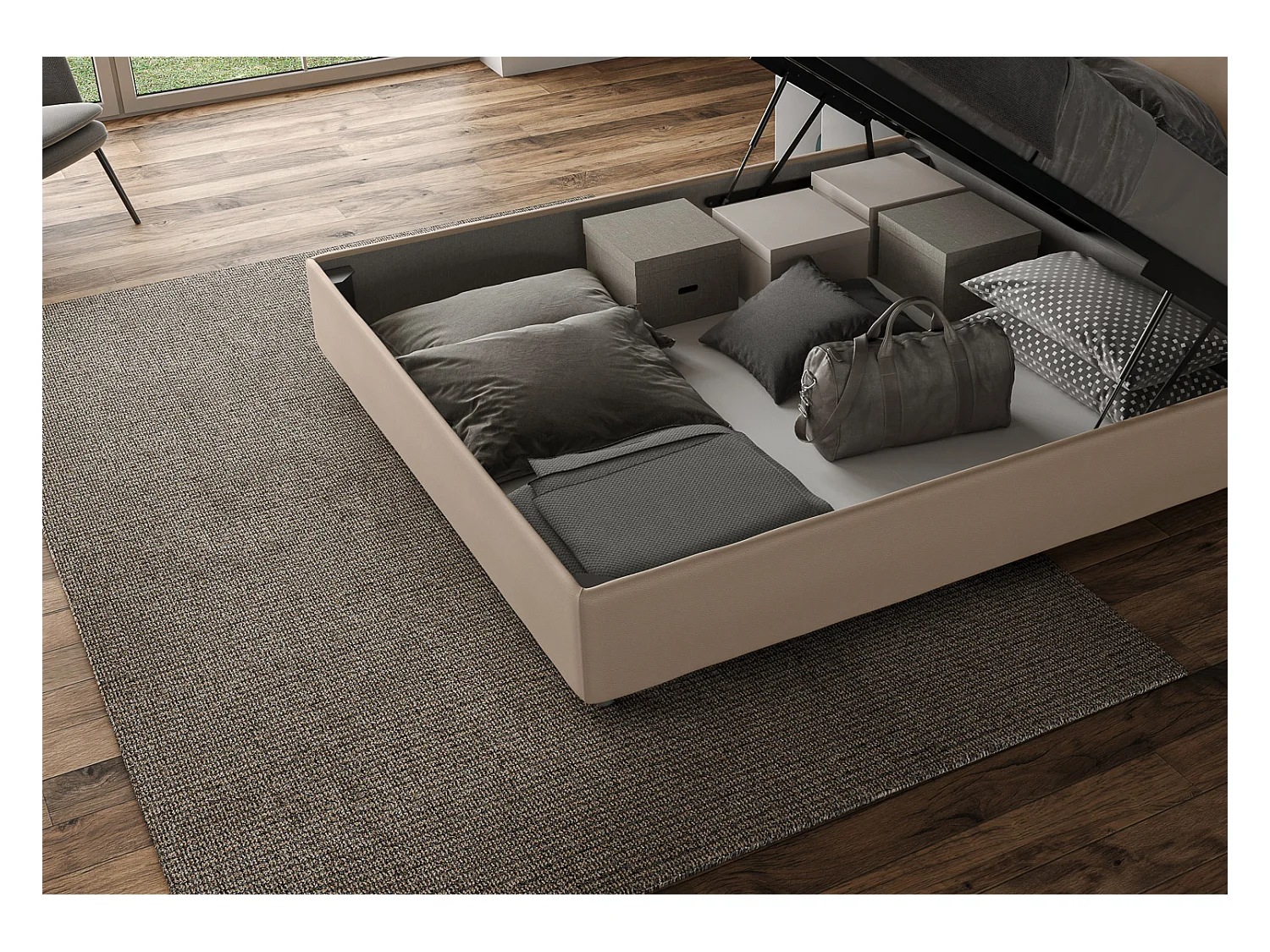 Letto contenitore imbottito 160x200 similpelle tortora Focus