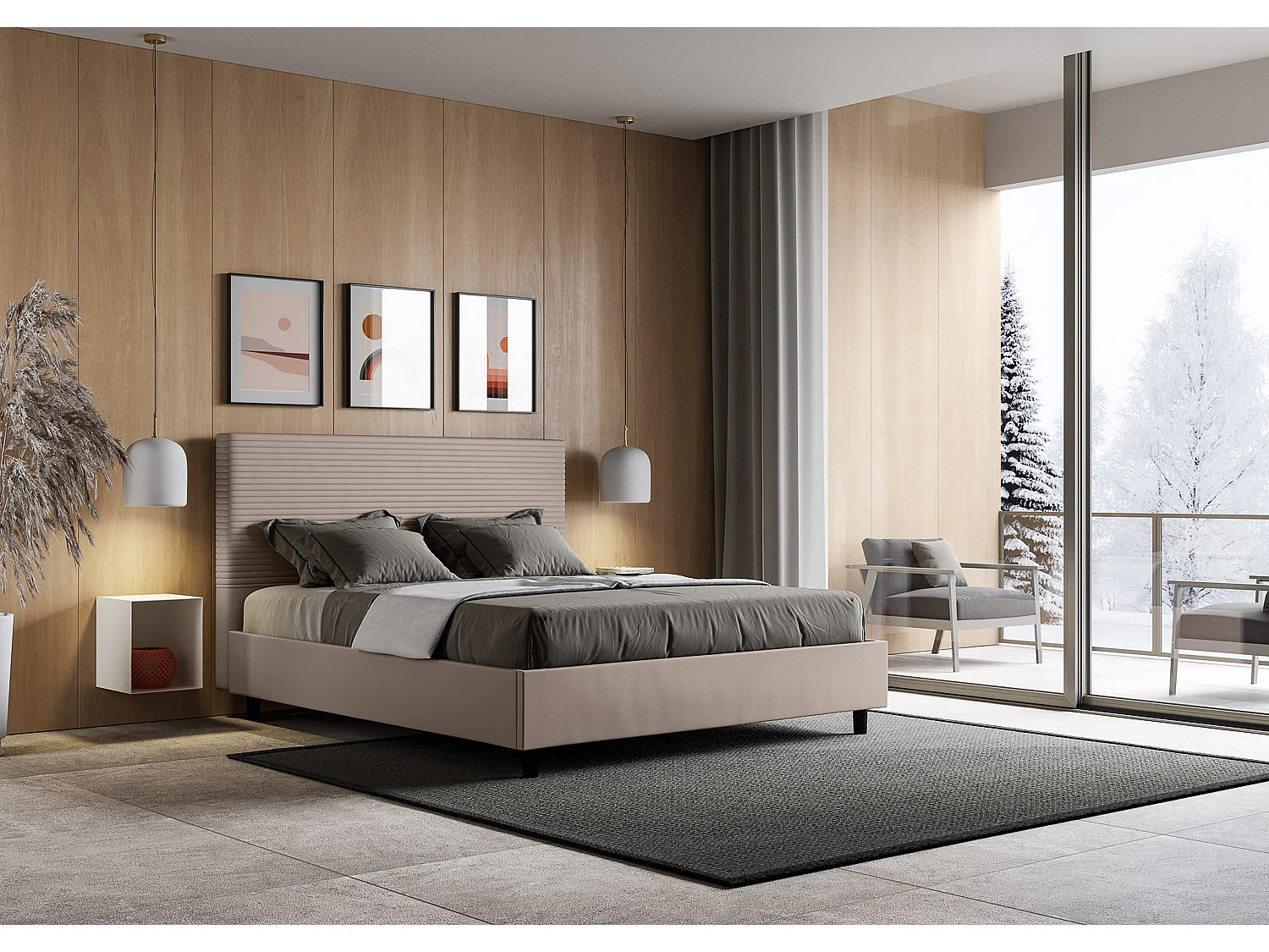 Gepolstertes Bett mit Bettkasten 160x200 mit Kunstlederbezug Taubengrau Focus