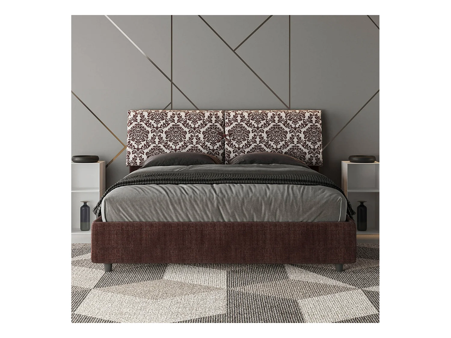 Letto contenitore imbottito 160x200 tessuto Agata 4 bordeaux Mados