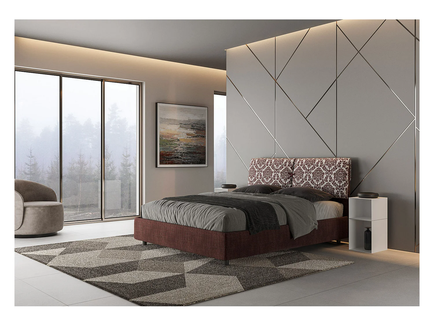 Letto contenitore imbottito 160x200 tessuto Agata 4 bordeaux Mados