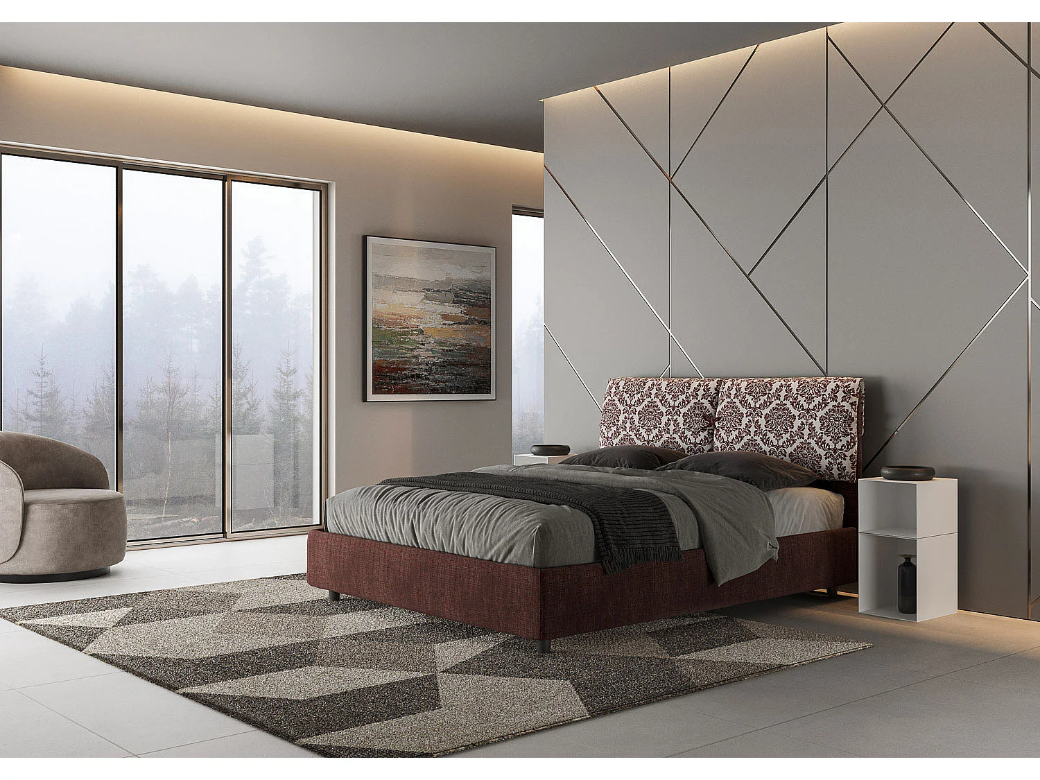 Cama de casal queen size com arrumação estofada 160x200 tecido Agata 4 bordeaux Mados