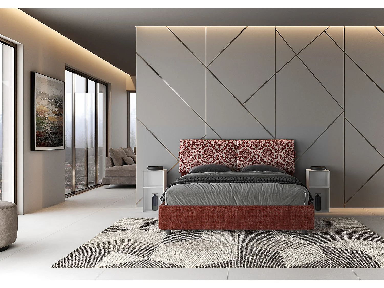 Lit coffre rembourré 160x200 tissu Agata 4 bordeaux Mados