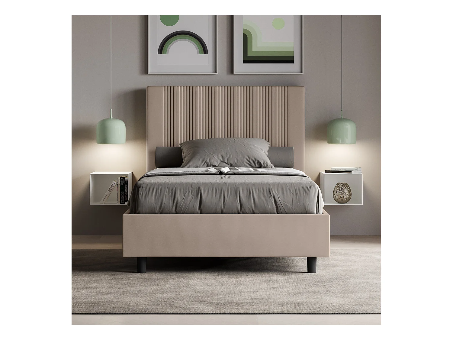 Lit coffre rembourrée 140x190 similicuir taupe Goya