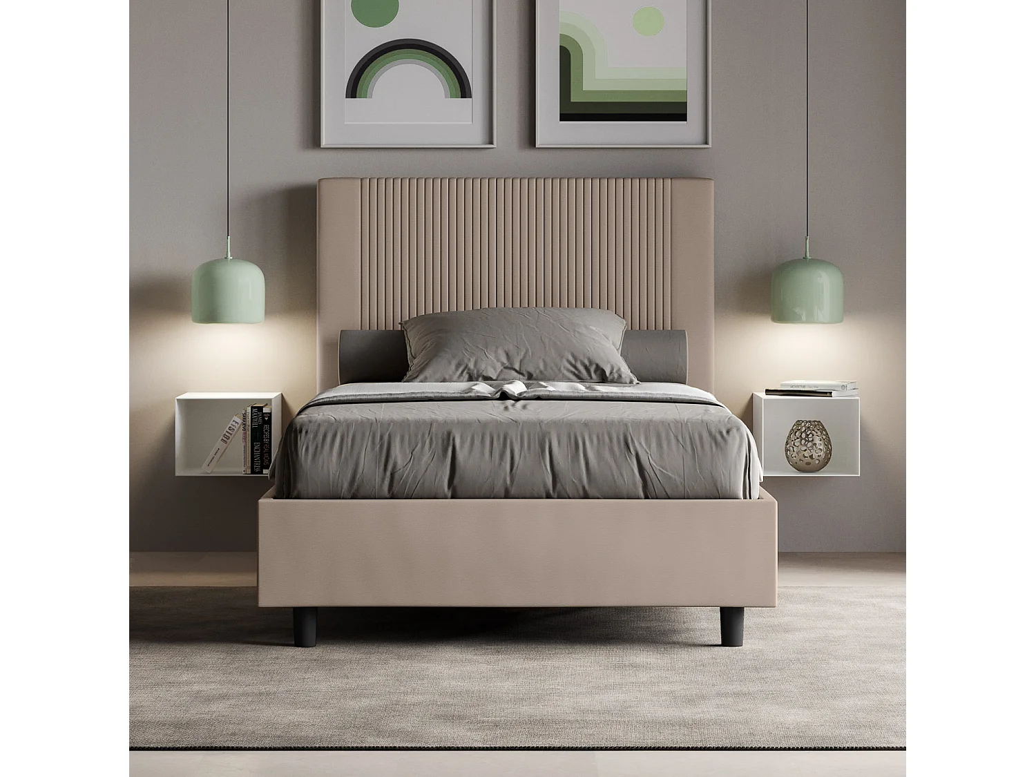 Lit double coffre rembourré 140x190 similicuir taupe Goya