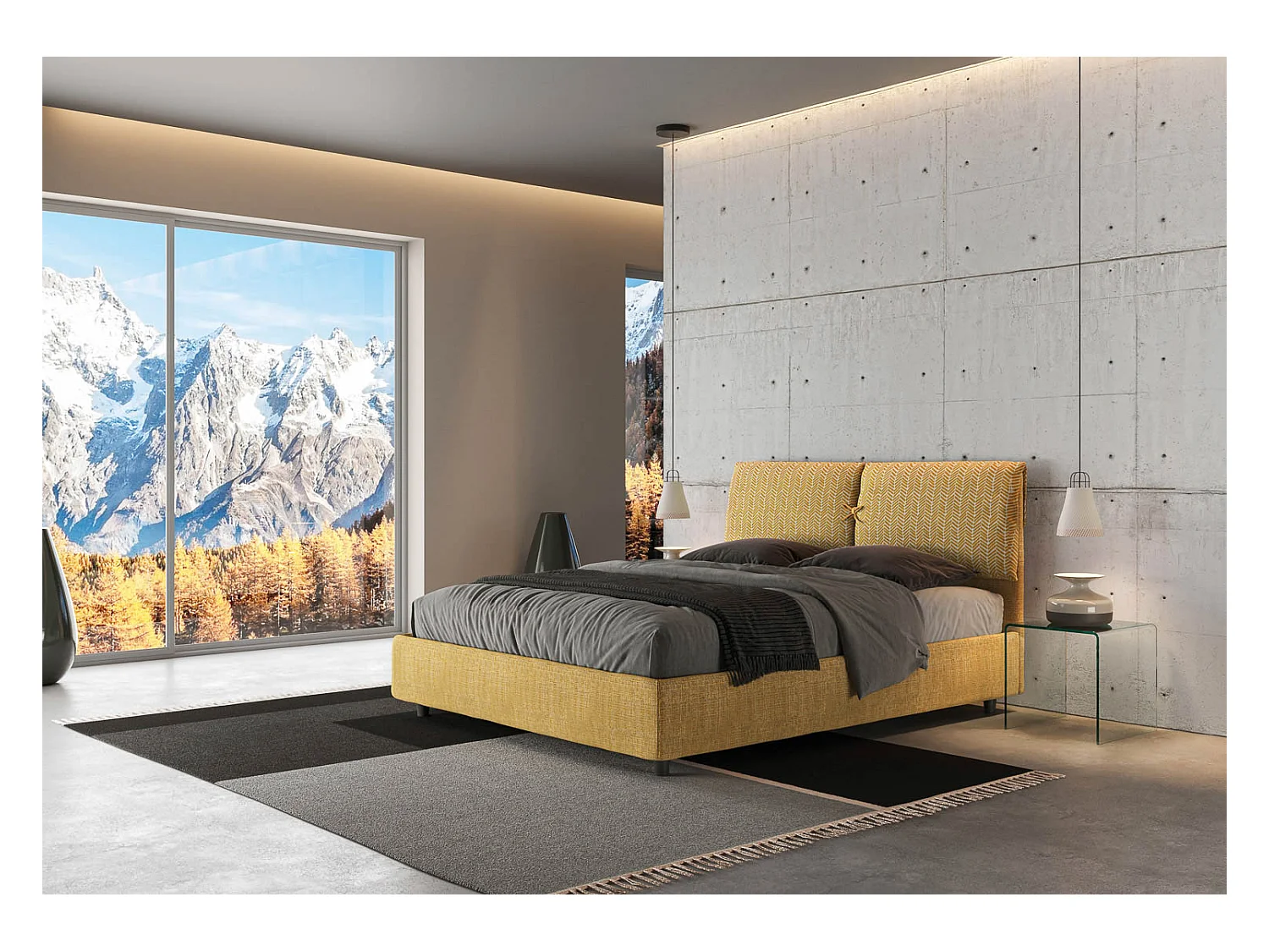 Lit coffre rembourrée 160x190 tissu Aragona 3 jaune Mados