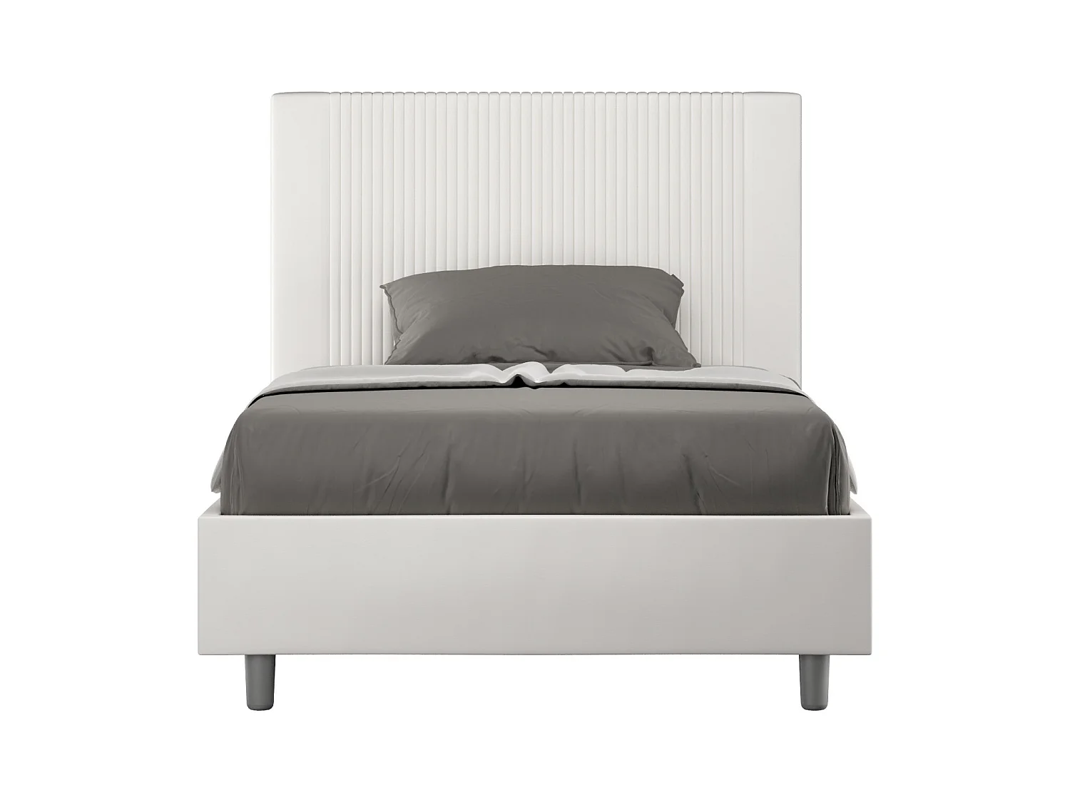 Modern bed met verticaal gestreept hoofdeinde, doorgestikt met kunstleer Bazen-Kleur Wit-Slapen 140x190cm-Keuze Met kofferbak