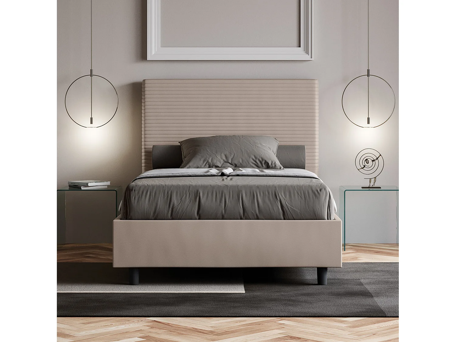 Lit double coffre rembourré 140x190 similicuir taupe Focus