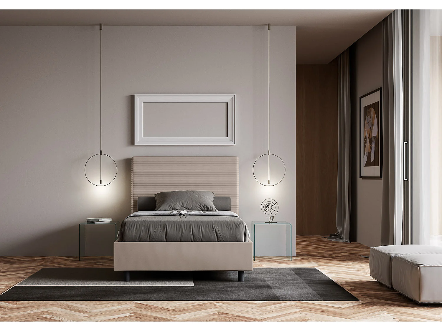 Lit double coffre rembourré 140x190 similicuir taupe Focus