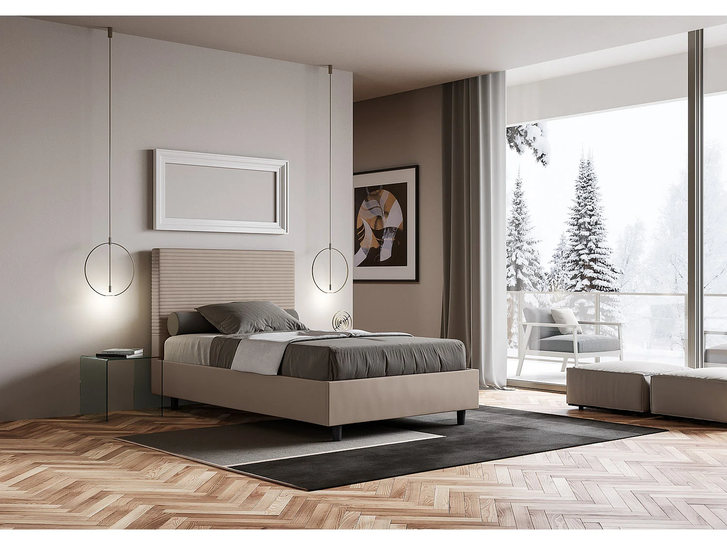 Lit double coffre rembourré 140x190 similicuir taupe Focus
