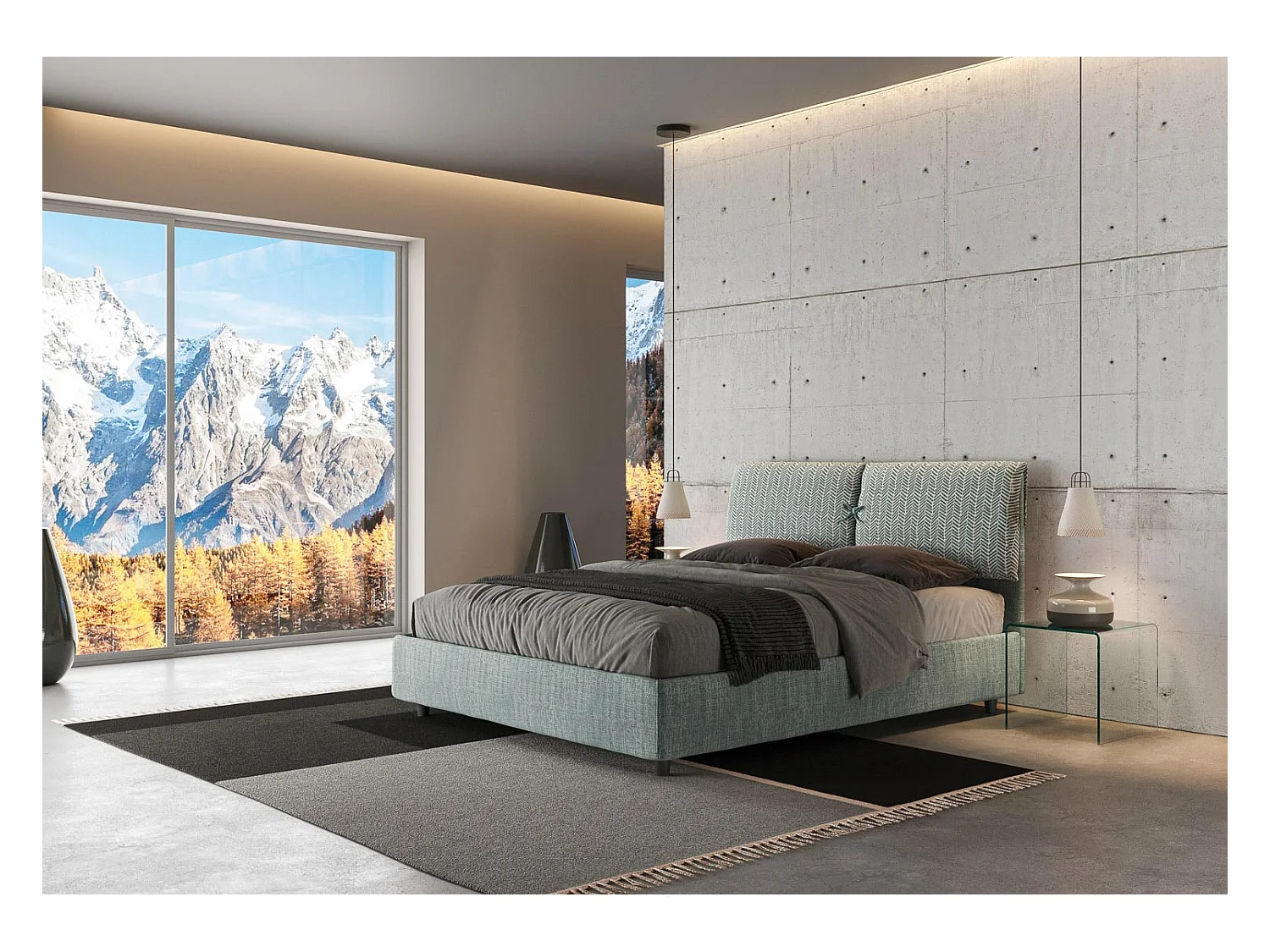 Cama de matrimonio cojines grandes cabecero tapizado tela Viena-Color Verde-Ropa de cama 160x200 cm-Opción Con base y caja