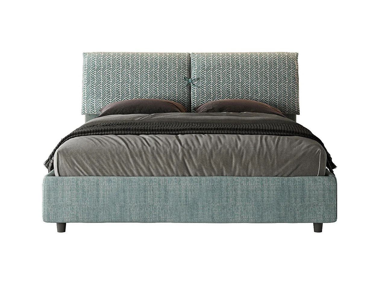 Cama de matrimonio cojines grandes cabecero tapizado tela Viena-Color Verde-Ropa de cama 160x200 cm-Opción Con base y caja