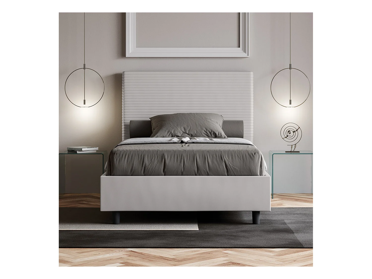 Cama de corpo e meio com arrumação estofada 120x190 pele sintética branco Focus