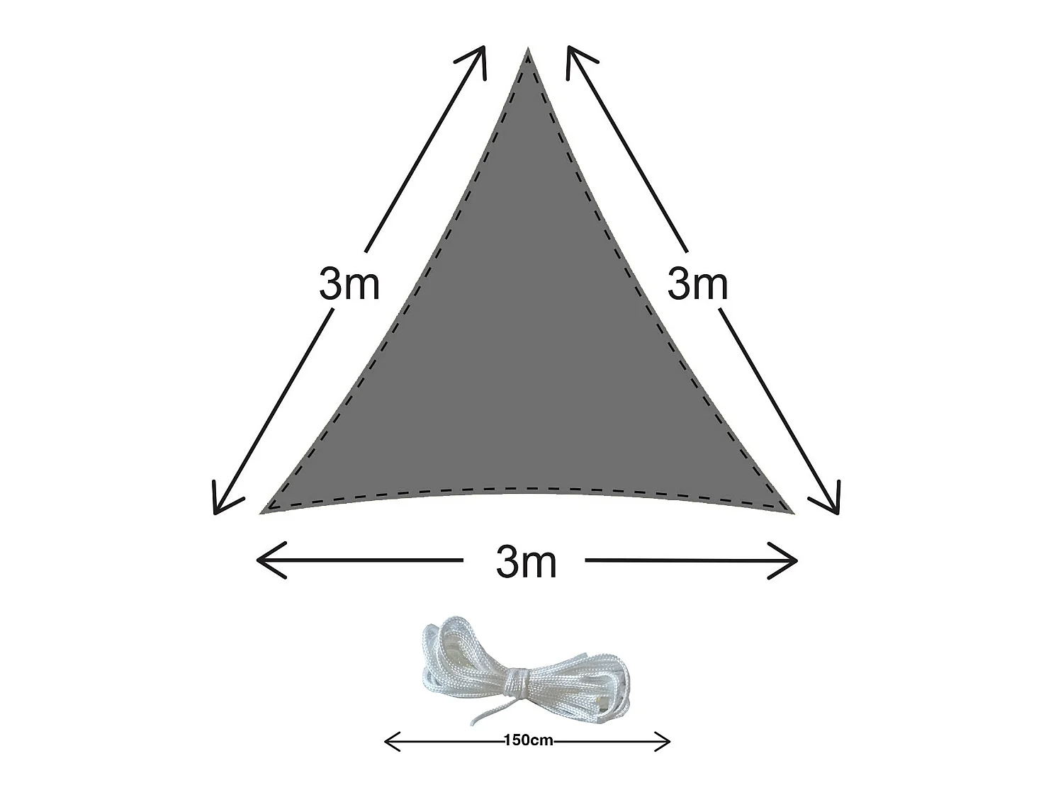 Voile D'Ombrage Triangulaire en Polyéthylène Gris avec Cordes 3x3x3