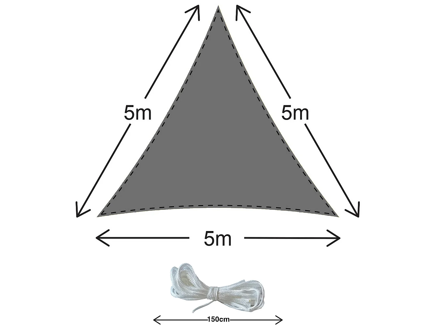 Toile Solaire Triangulaire Polyéthylène Gris avec Cordes 5x5x5