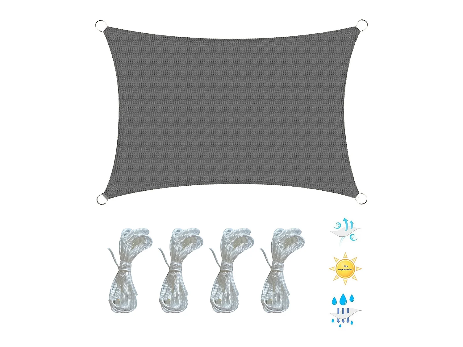 Voile Rectangulaire en Polyéthylène Gris avec Cordes 3x4