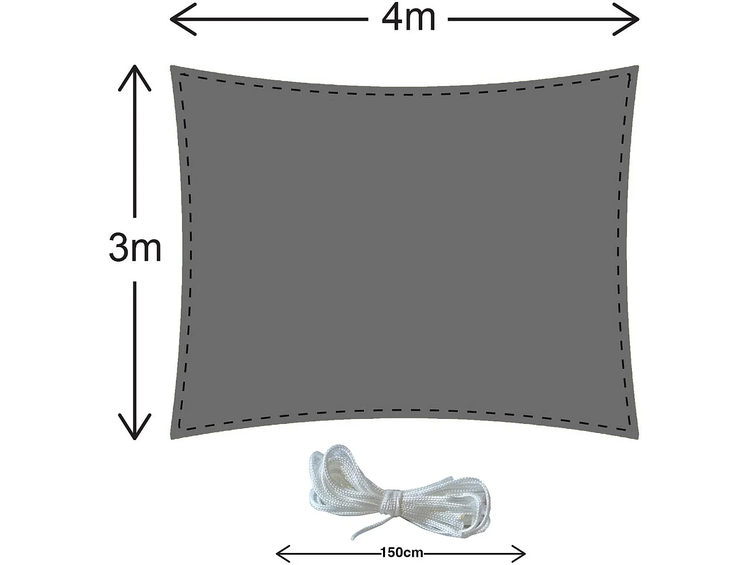 Voile Rectangulaire en Polyéthylène Gris avec Cordes 3x4