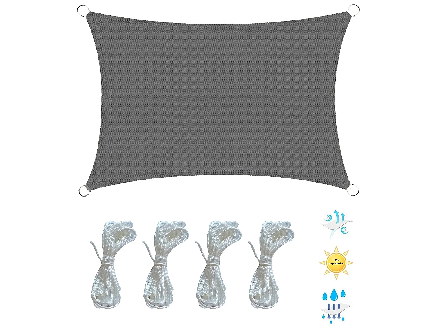 Voile Rectangulaire en Polyéthylène Gris avec Cordes 3x4