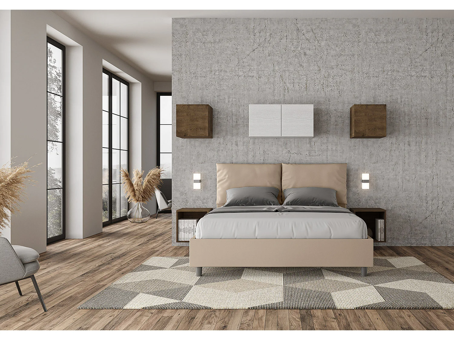 Lit coffre rembourré 160x200 similicuir taupe Antea