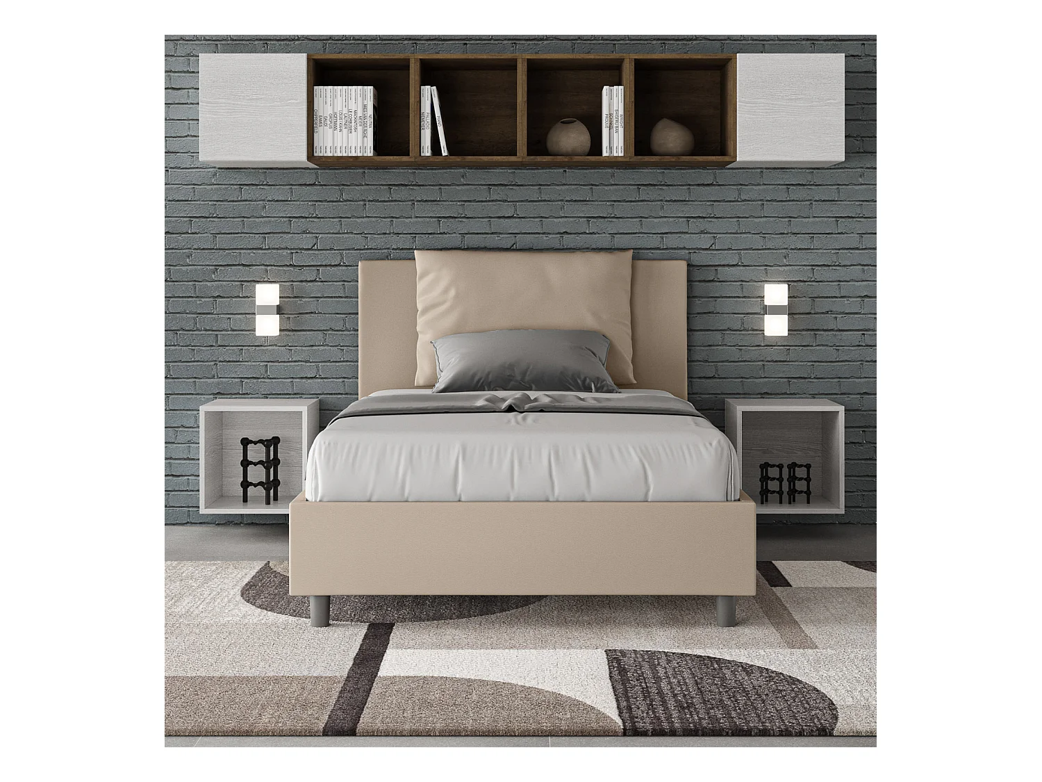 Lit 1 place et demi coffre rembourré 120x190 similicuir taupe Antea