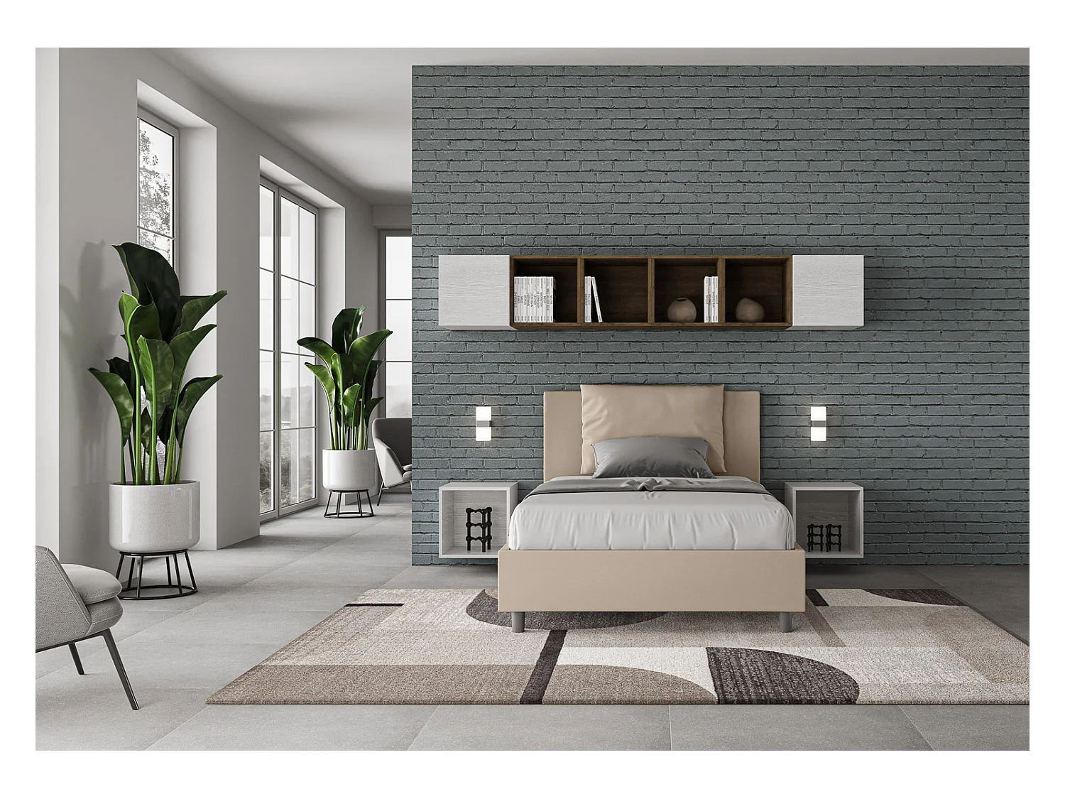 Lit 1 place et demi coffre rembourré 120x190 similicuir taupe Antea