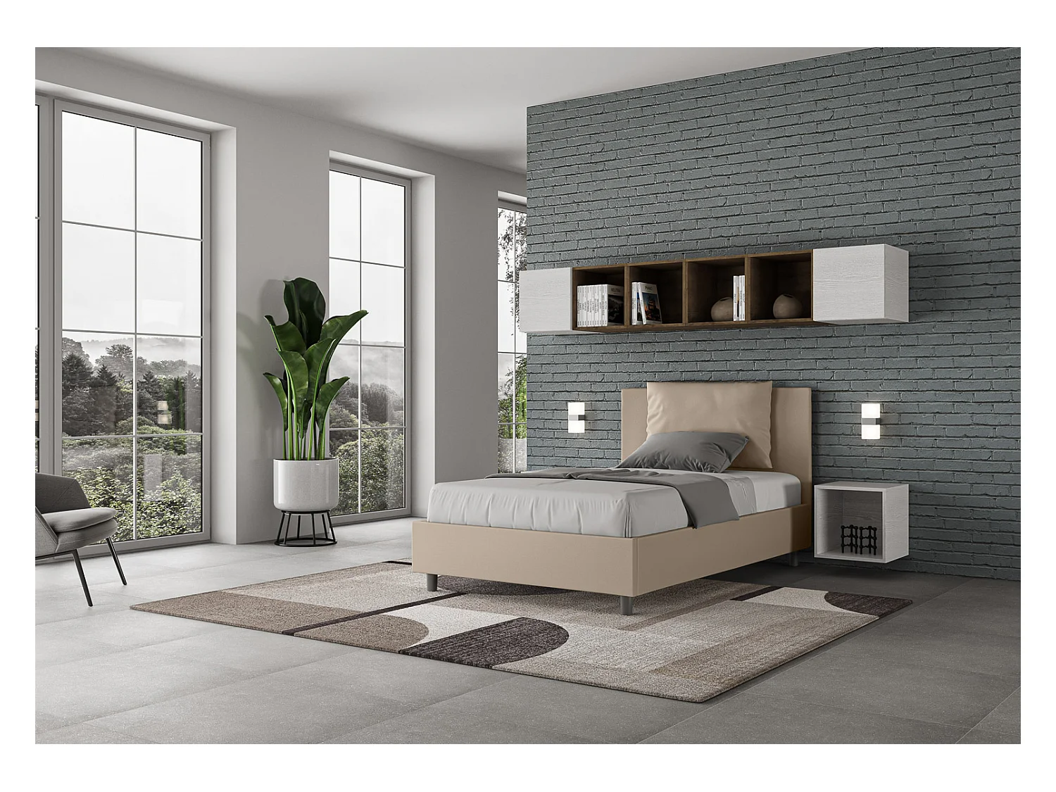 Lit 1 place et demi coffre rembourré 120x190 similicuir taupe Antea