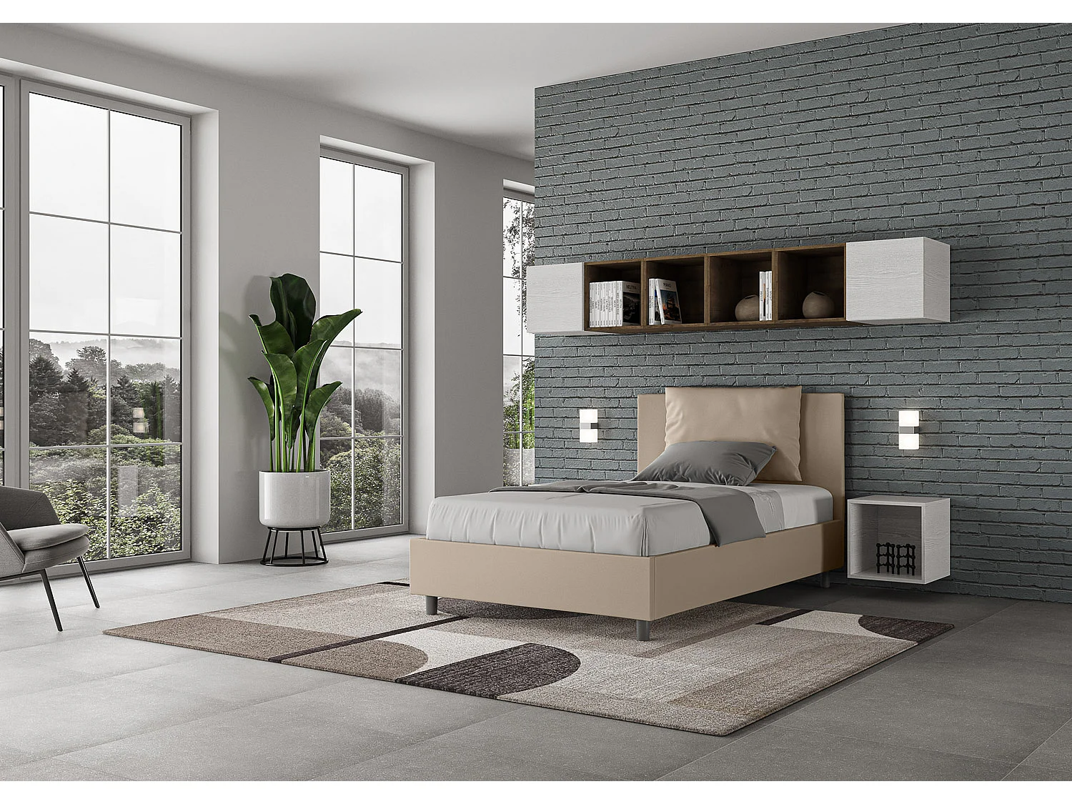 Lit 1 place et demi avec sommier rembourré 120x190 similicuir taupe Antea