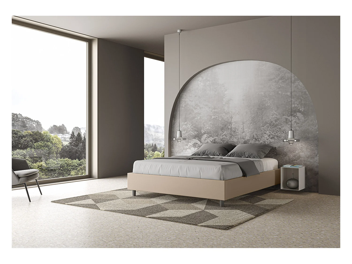 Sommier-Bett mit gepolstertem Untergestell 160 x 190 Azelia aus taubengrauem Kunstleder