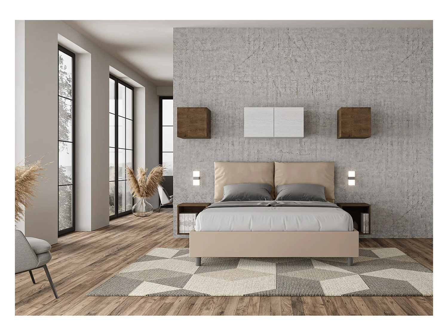 Cama de casal queen size con estrado estofada 160x190 pele sintética tortora Antea