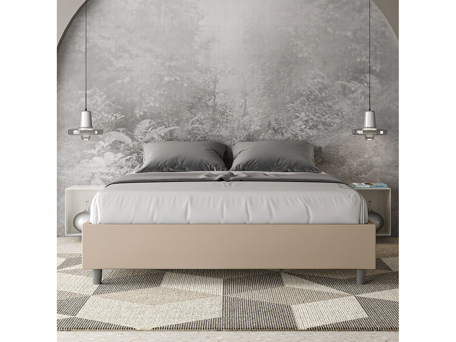 Cama sin somier acolchada sin cabecero 160x210 cuero sintético gris paloma Azelia